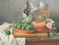Pamela K. R.C.A. oil on board, "Green figs and Greengages" 32 x 42cm