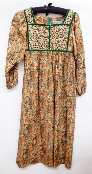 1970's  peasant dress, labelled Hildebrand - fabric by Liberty, bodice with green velvet trim and