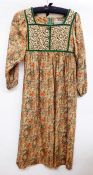 1970's  peasant dress, labelled Hildebrand - fabric by Liberty, bodice with green velvet trim and