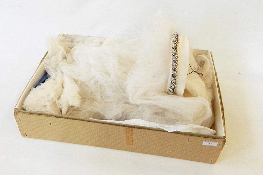 Satin, diamante and crystal headpiece with attached wedding veil, in original box