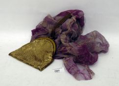 Early 20th Century gold lame evening purse and a vintage chiffon evening shoulder cape with ruched