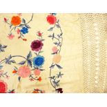1920's/30's silk scarf, embroidered with Art Deco motifs and with a deep fringe, a piano shawl,