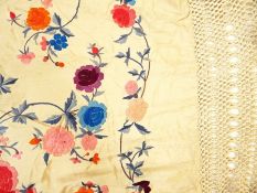 1920's/30's silk scarf, embroidered with Art Deco motifs and with a deep fringe, a piano shawl,