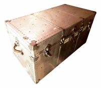 20th century aluminium chased steamer-type trunk with brown leather handles, 102cm x 52.5cm