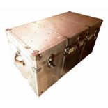 20th century aluminium chased steamer-type trunk with brown leather handles, 102cm x 52.5cm