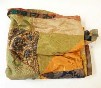 Patchwork throw quilt made out of furnishing damasks, a needlework specimen book with specimens, dat