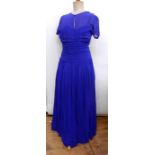 Blue chiffon over taffeta evening dress, ruched bodice, vintage rust coloured velvet opera cloak,