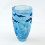 Malcolm Sutcliffe design studio glass vase of tall slightly ovoid form and incised leaping dolphin