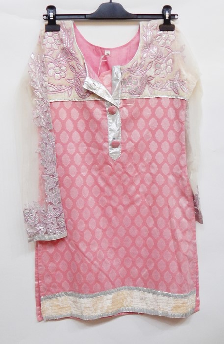 Pink cotton mini dress with cream velvet bodice embroidered with silver and pink net sleeves, the