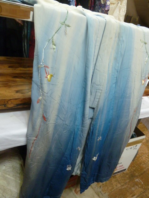 Silk kimono ,heavily embroidered with flowers, wisteria, etc, in pale blue silk; a nylon bed - Image 5 of 8