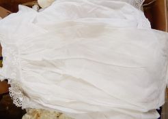 Various baby gowns and christening gowns trimmed with lace, crochet, etc (1 box)