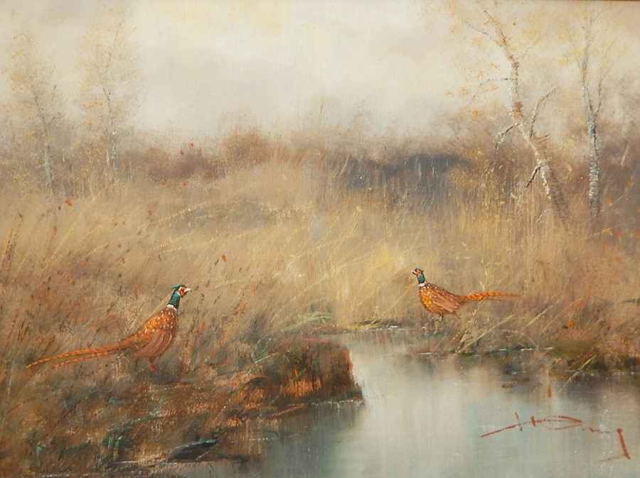 Hansing, oil on canvas, pheasants and a figure by a stream, 30 x 39 cm approx, signed indistinctly