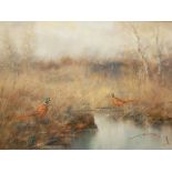 Hansing, oil on canvas, pheasants and a figure by a stream, 30 x 39 cm approx, signed indistinctly