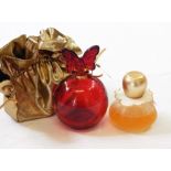 Annick Goutal grande 'Amour' red glass perfume bottle with butterfly stopper with gold drawstring
