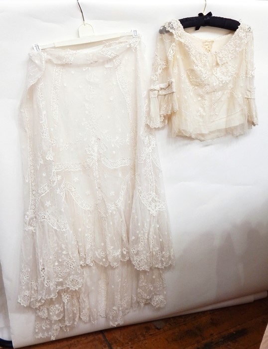 Edwardian lace overskirt with small train and a bodice, the two pieces are different colours and a s