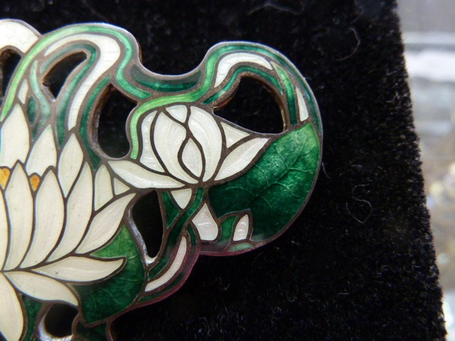 Art Nouveau sterling silver and enamel brooch, water lily to the centre, the enamel green and cream, - Image 5 of 5