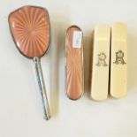 Ivory gentleman's brush set, two brushes monogrammed 'AR'; a faux enamel and metal backed mirror and