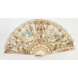 Painted silk folding fan with carved and gilt bone sticks and guards, with figures in the panels,