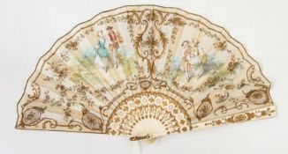 Painted silk folding fan with carved and gilt bone sticks and guards, with figures in the panels,