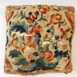 Large tapestry cushion with fringed edges (some damage), 58cm x 56cm