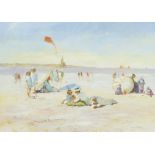 Robert Moore (b.1945) Oil on board "On the Beach", early 20th century scene of figures flying