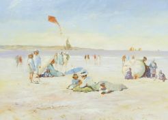 Robert Moore (b.1945) Oil on board "On the Beach", early 20th century scene of figures flying