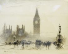 After Percy Robertson Black and white etchings "Westminster 1924" and seven similar views of London,