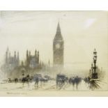 After Percy Robertson Black and white etchings "Westminster 1924" and seven similar views of London,