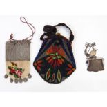 Early 20th century beaded evening bag (damaged), a late 19th century chain metal miser's purse