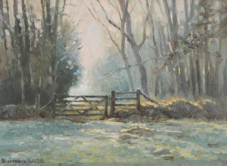 Rosemary Welch, Oil on canvas, "Still Morning" winter woodland scene with field and gate in