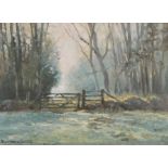 Rosemary Welch, Oil on canvas, "Still Morning" winter woodland scene with field and gate in