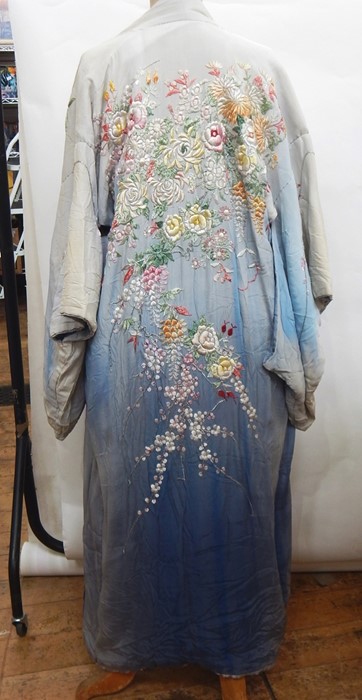 Silk kimono ,heavily embroidered with flowers, wisteria, etc, in pale blue silk; a nylon bed