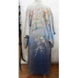 Silk kimono ,heavily embroidered with flowers, wisteria, etc, in pale blue silk; a nylon bed