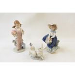 Lladro porcelain figure of girl in bonnet with basket of flowers, 18cm high, another with bird and a