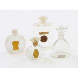Five perfume bottles to include Berylune Isabel Paris frosted and moulded bottle 7cm with black