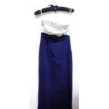 Vintage strapless evening gown in dark blue with white bodice, decorated with sequins,