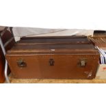Large travelling trunk, canvas banded with wood and metal, marked 'Sheppardy, Bombay', containing