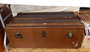 Large travelling trunk, canvas banded with wood and metal, marked 'Sheppardy, Bombay', containing