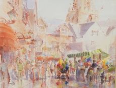 M Campbell Watercolour  Market scene, signed and dated 1986 lower left, 28.5cm x 37cm