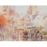 M Campbell Watercolour  Market scene, signed and dated 1986 lower left, 28.5cm x 37cm