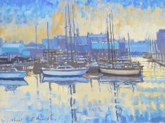 Michael B Edwards Oil on canvas  Boats at dock, signed lower left, 45cm x 59cm