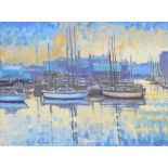 Michael B Edwards Oil on canvas  Boats at dock, signed lower left, 45cm x 59cm