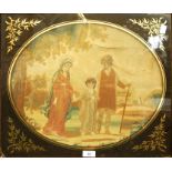 Silk embroidered picture showing the Holy Family, the faces and hands painted, a donkey in the