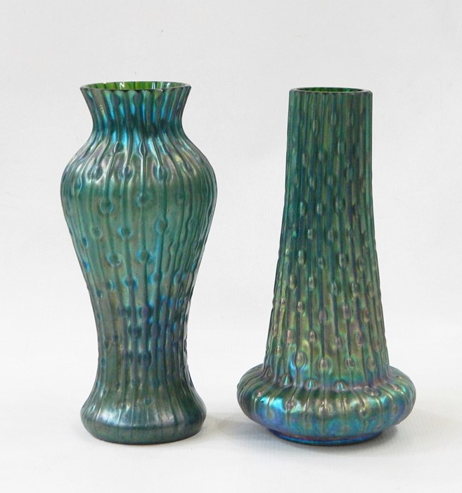 Loetz style vase, reeded and tapered droplet decoration, green blue iridescent glaze, flared base,