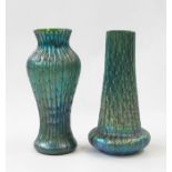 Loetz style vase, reeded and tapered droplet decoration, green blue iridescent glaze, flared base,