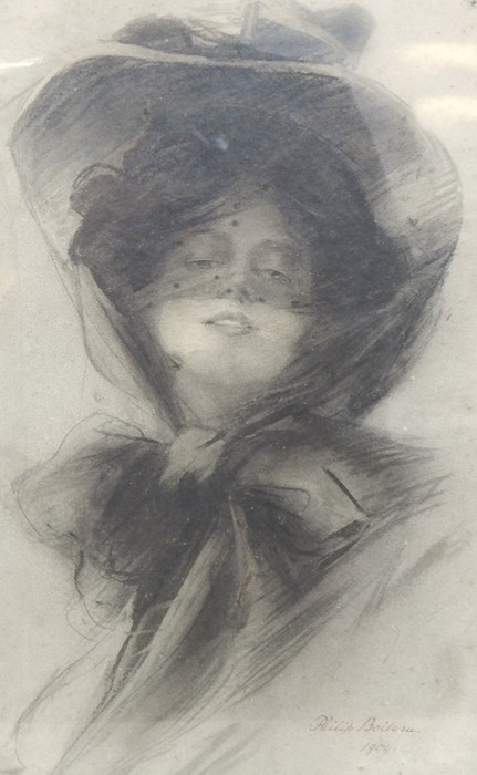 After Philip Boileau (1864-1917) Black and white print  Study of lady in hat, dated 1904, 37cm x