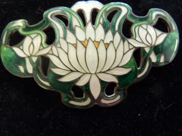 Art Nouveau sterling silver and enamel brooch, water lily to the centre, the enamel green and cream, - Image 3 of 5