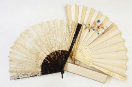 Embroidered fan with bone guards and sticks, embroidered in flowers in tiny chain stitch (not