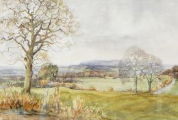 Margot Harrison Watercolour View across the valley Windrush, signed lower left, 28.5cm x 43.5cm