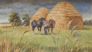 Rosemary Sarah Welch, Oil on canvas, farmhand with carthorses in field next to two haystacks, signed